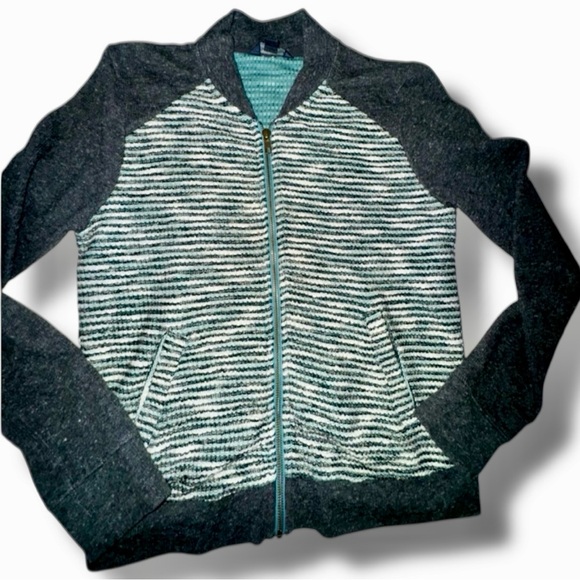 Lucky Brand Sweater Gray Cardigan Striped Mixed Knit Zip-Up Boyfriend Size Small - Picture 5 of 16